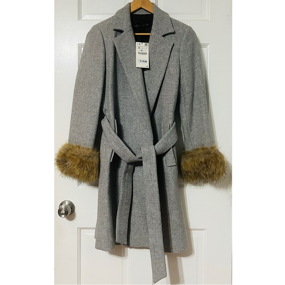 Zara Gray Trench Coat with Faux Fur Cuffs
